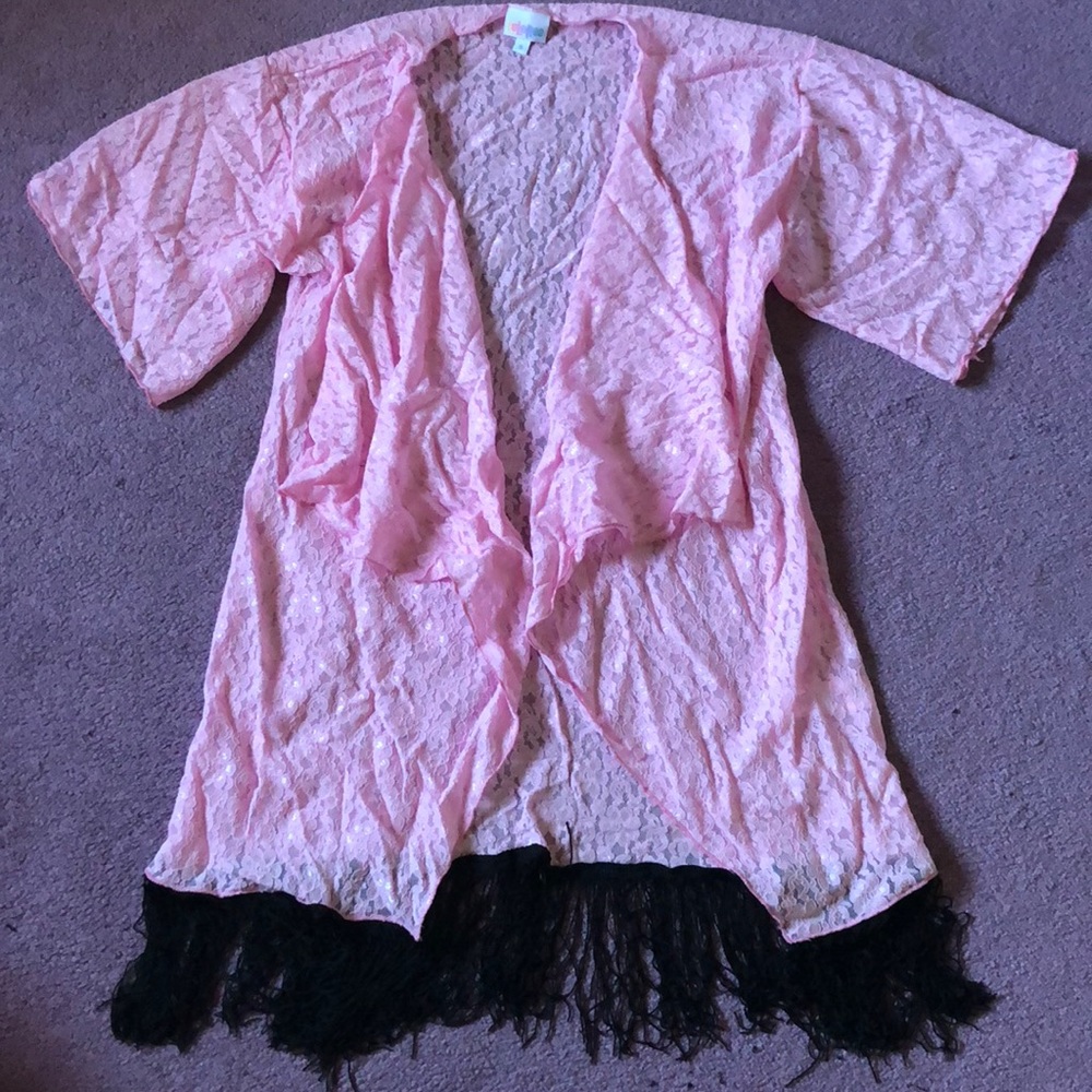Lularoe Pink Lace Monroe Kimono Fringe Coverup